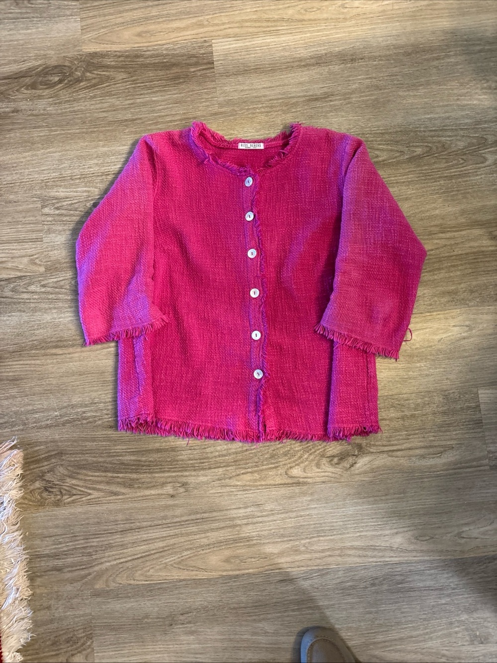 Bright Pink Button-Front Knit Cardigan with Fringe